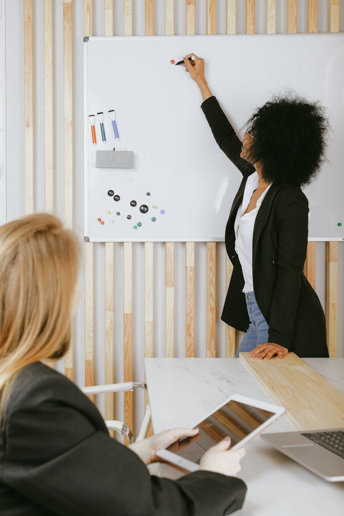 menu-17 Two women engaged in a business presentation with a whiteboard in a modern office setting.